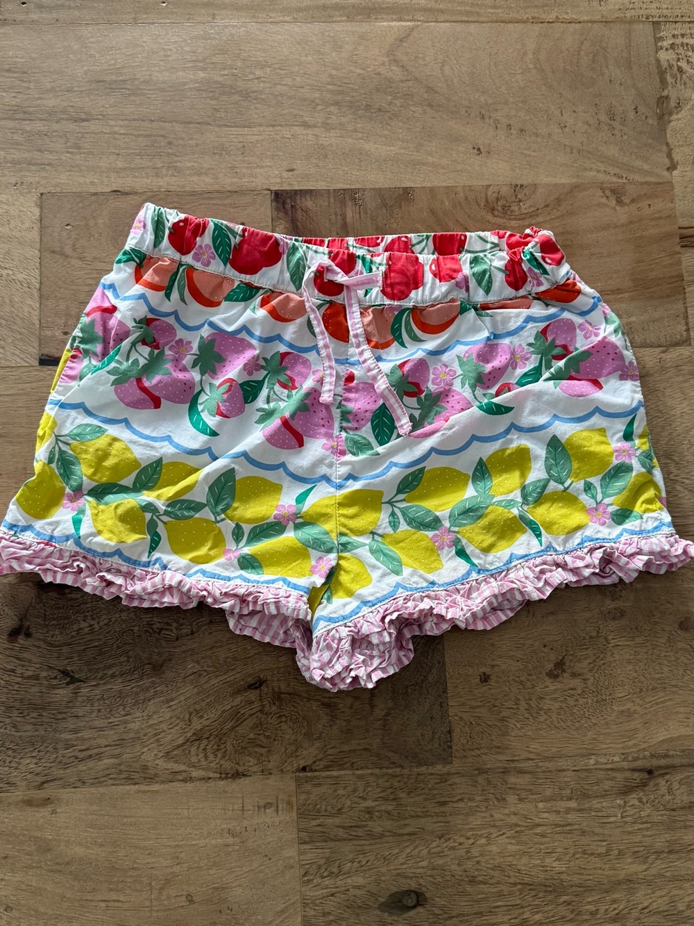 Mini Boden cotton Fruit-Print Ruffle Hem Shorts Pink Yellow Green sz 6-7 years